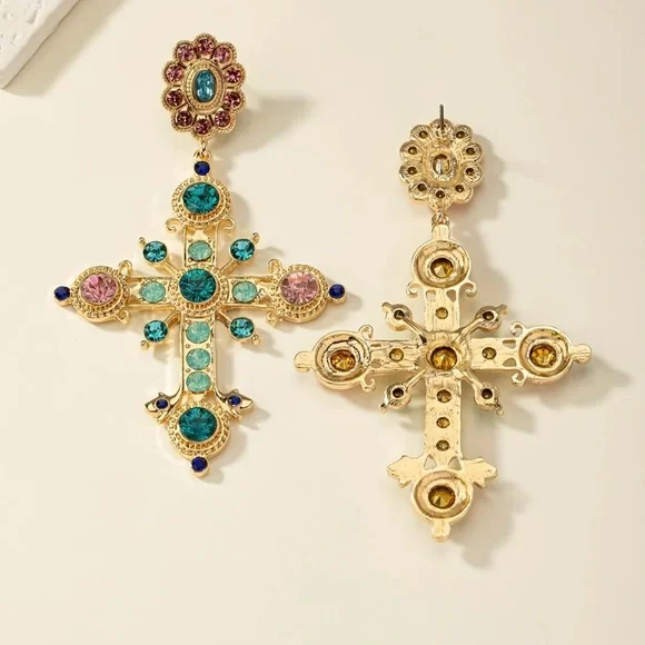 Elegant Gold and Teal Cross Earrings - Picture 5 of 7
